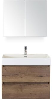 Maxx XL Badmeubelset 80 cm - Tabacco - Wastafel Kube 1 Kraangat met Spiegelkast