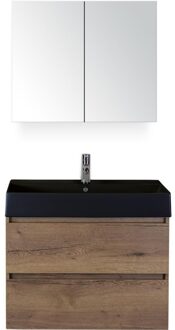 Maxx XL Badmeubelset 80 cm - Tabacco - Wastafel Kube Zwart 1 Kraangat met Spiegelkast