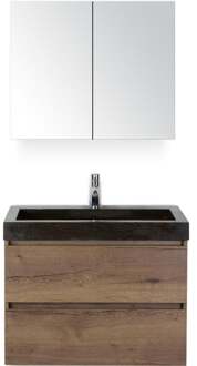 Maxx XL Badmeubelset 80 cm - Tabacco - Wastafel Lucca 1 Kraangat met Spiegelkast