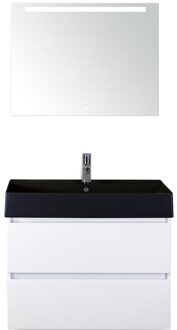 Maxx XL Badmeubelset 80 cm - Wit Hoogglans - Wastafel Kube Zwart 1 Kraangat met LED Spiegel