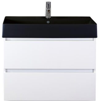 Maxx XL Badmeubelset 80 cm - Wit Hoogglans - Wastafel Kube Zwart 1 Kraangat
