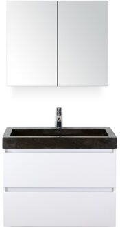 Maxx XL Badmeubelset 80 cm - Wit Hoogglans - Wastafel Lucca 1 Kraangat met Spiegelkast