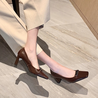 May Niamh Square Toe Pumps Elegant High Heels Metal Chain Genuine Cow Leather Party Wedding Work Handmade Slip On Shoes A168