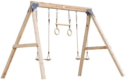 Maya Bruin Houten Dubbelschommel met Trapeze - FSC hout - Vrijstaande schommel met 2 houten schommelzitjes