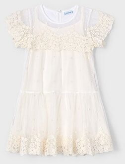 Mayoral Zomer jurk tule embroidery meisjes - bone wit - Maat 134