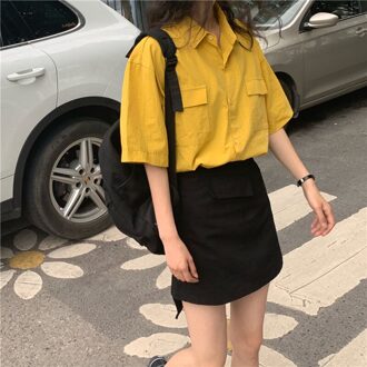 Mazefeng Shirts Voor Womens Pocket Tops Vrouwelijke Lange Mouw Lente Effen Shirts Dames Eenvoudige Losse Stijl Blouses geel