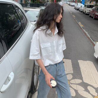 Mazefeng Shirts Voor Womens Pocket Tops Vrouwelijke Lange Mouw Lente Effen Shirts Dames Eenvoudige Losse Stijl Blouses wit