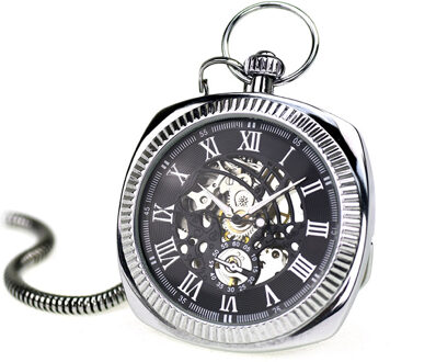Mechanisch zilveren vintage skelet vierkant open zakhorloge