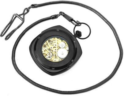 Mechanisch zwartgouden vintage skelet vierkant open zakhorloge Zwart/goud