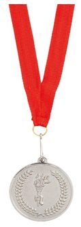 Medaille zilver aan rood lint - Fopartikelen Zilverkleurig