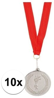 Medailles of sportprijs - 10x - eerste prijs - zilver - aan rood lint - sportdag