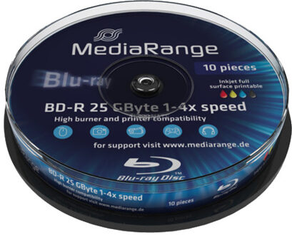 MediaRange Bluray 25gb 10pcs Bd-r Spindel Inkjet Print. 4x