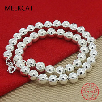 MEEKCAT 925 Sterling Silver 10mm Hollow smooth bead ball beaded Necklace For Women Men Engagement Wedding Fashion Charm Jewelry