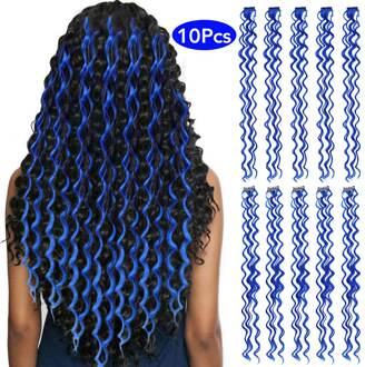 Meepo 10 Stuks/set Hittebestendige 24 "Gekleurde Clip In Haar Strengen Synthetisch Haar Uitbreiding Diepe Golf Vrouwelijke Regenboog Haar stukken blauw