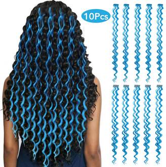Meepo 10 Stuks/set Hittebestendige 24 "Gekleurde Clip In Haar Strengen Synthetisch Haar Uitbreiding Diepe Golf Vrouwelijke Regenboog Haar stukken lucht blauw