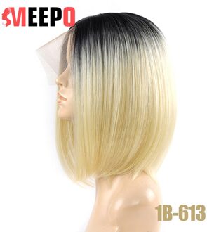 Meepo Zijdeachtige Rechte Synthetische Lace T-Deel Bob Pruik 14Inch Korte Rechte Omber Kleur Blonde Bob Pruiken Voor vrouwen 1B-blond