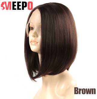 Meepo Zijdeachtige Rechte Synthetische Lace T-Deel Bob Pruik 14Inch Korte Rechte Omber Kleur Blonde Bob Pruiken Voor vrouwen bruin