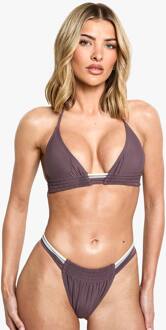 Meerkleurig Contrasterend Bandje Geruched Driehoek Bikini Top & Tanga Bikini Onderbroek Set, Chocolate - 34