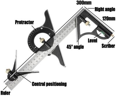 Meetinstrument Combinatie Hoek Heerser 300Mm Rvs 180 Graden Functie Houtbewerking Hoek Heerser Met Niveau Schrijnwerker