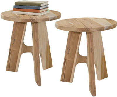 Mega Collections Bijzettafel of tuin tafel Kenya - 2x - FSC hout - lichtbruin - D37 x H40 cm - binnen / buiten