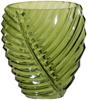 Mega Collections Bloemenvaas Leafy - groen - glas - blader relief - 11 x 21 cm