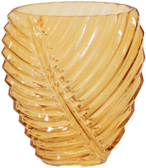 Mega Collections Bloemenvaas Leafy - oranje - glas - blader relief - 14 x 25 cm