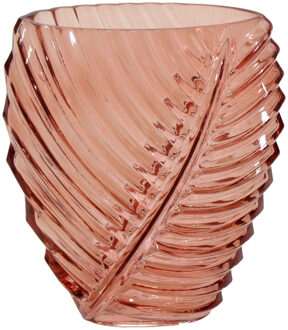 Mega Collections Bloemenvaas Leafy - roze - glas - blader relief - 11 x 21 cm