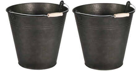 Mega Collections Emmer/plantenpot - 2x - zink - zwart - D25 x H22 cm - Emmers