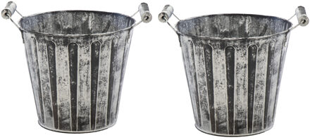 Mega Collections Emmer/plantenpot/bloempot - 2x - zink - antraciet/grijs - D15 x H13 cm