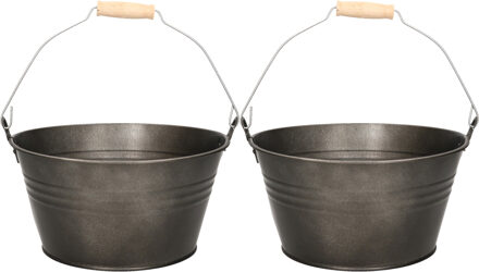 Mega Collections Emmer/plantenpot/bloempot - 2x - zink - donkergrijs - D23 x H12 cm
