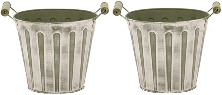 Mega Collections Emmer/plantenpot/bloempot - 2x - zink - legergroen - D15 x H13 cm