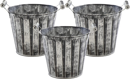 Mega Collections Emmer/plantenpot/bloempot - 3x - zink - antraciet/grijs - D11 x H10 cm