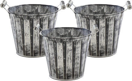 Mega Collections Emmer/plantenpot/bloempot - 3x - zink - antraciet/grijs - D13 x H12 cm