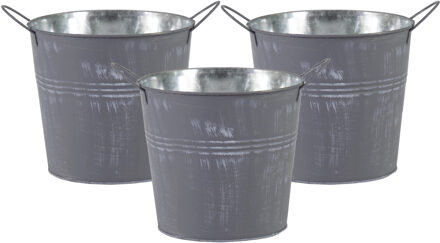 Mega Collections Emmer/plantenpot/bloempot - 3x - zink - zilvergrijs - D16 x H14 cm