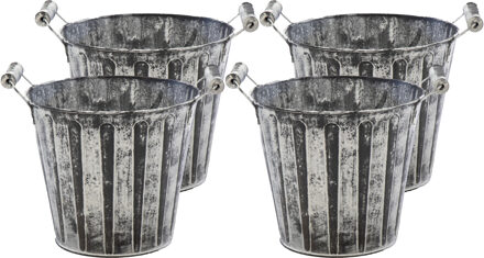 Mega Collections Emmer/plantenpot/bloempot - 4x - zink - antraciet/grijs - D13 x H12 cm