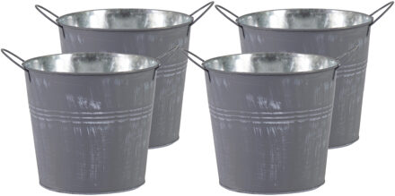 Mega Collections Emmer/plantenpot/bloempot - 4x - zink - zilvergrijs - D16 x H14 cm