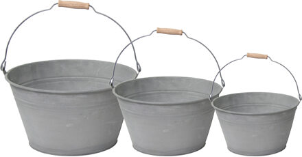 Mega Collections Emmer/plantenpot/bloempot - set van 3x stuks - zink - grijs