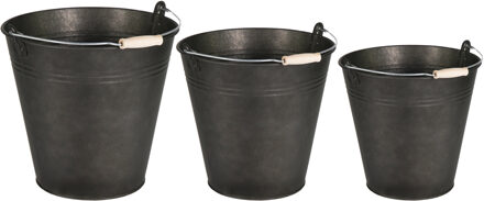 Mega Collections Emmer/plantenpot/bloempot - set van 3x stuks - zink - zwart - Emmers