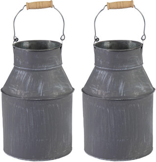 Mega Collections Melkbus plantenpot/bloempot - 2x - zink - grijs - binnen/buiten - D13 x H20 cm
