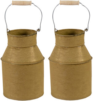 Mega Collections Melkbus plantenpot/bloempot - 2x - zink - oud goud - binnen/buiten - D13 x H20 cm