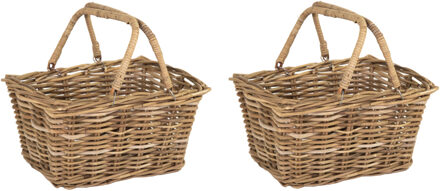 Mega Collections Opbergmand met hengsels - 2x - Riet/Rotan - Boodschappen/picknickmand - 46 x 33 x 24 cm