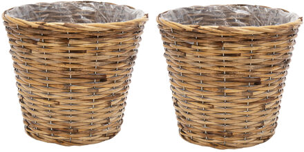 Mega Collections Planten/Bloemen mand - 2x - rotan - lichtbruin - D15 x H12 cm - Plantenpotten