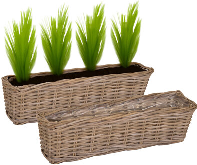 Mega Collections Planten/bloemen mand Levi - 2x - rotan - naturel - rechthoekig - 60 x 15 x 17 cm - plantenbak buiten