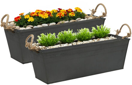 Mega Collections plantenbak/bloembak Recta - 2x - balkon/terras - zink - zwart - L37 x D13 X H10 cm - IJzeren emmer / te