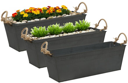 Mega Collections Plantenbak/bloembak Recta - 3x - balkon/terras - zink - zwart - L37 x D13 X H10 cm