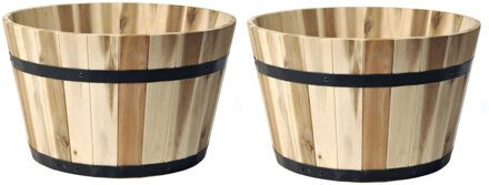 Mega Collections Plantenbak/bloempot - 2x - Low Barrel - hout - bruin - D40 x H24 cm - Plantenpotten