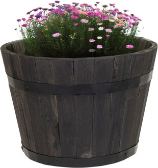 Mega Collections Plantenbak/bloempot Barrel - acacia hout - antraciet - D33 x H21 cm