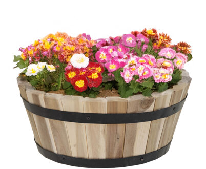 Mega Collections Plantenbak/bloempot Barrel - acacia hout - bruin - D33 x H14 cm