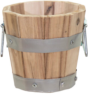 Mega Collections Plantenbak/bloempot - Barrel - hout - hendels - D15 x H14 cm - Plantenpotten Bruin