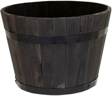 Mega Collections Plantenbak/bloempot - Half Barrel - acacia hout - antraciet- D29 x H18 cm